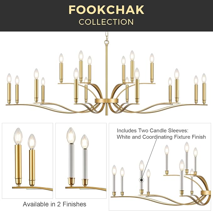 18 Light Gold Living Room Chandelier High Ceiling Foyer Candle Chandelier Large Modern Brass 59in Metal Chandeliers Hanging Light for Master Bedroom Dining Room Light Fixture Over Table