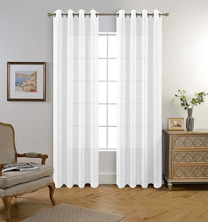 MIUCO Floral Embroidered Semi Sheer Curtains Faux Linen Grommet Window Curtains for Bedroom Living Room 95 Inches Long 2 Panels, Pure White