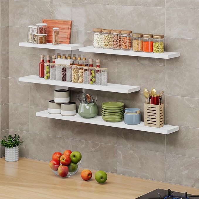 SAUMONIERES Floating Shelves 8 Inch Deep Solid Wood Wide Wall Shelf Set of 1 Wall Mounted for Bedroom Bathroom Living Room Kitchen, 48 Inch White