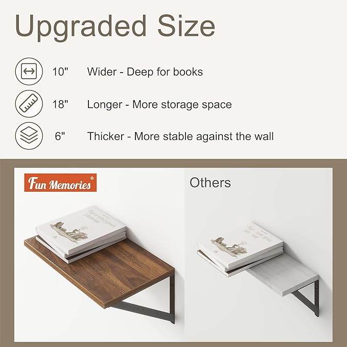 Fun Memories 18" W x10 D Floating Shelves, Farmhouse Wall Shelves Home Decor Shelf, Deep Bathroom Shelves with Bracket, 10 Inch Deep Wall Shelf for Living Room, Kitchen, Bedroom, Walnut, Set of 2