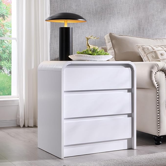 25" Tall Modern Nightstand with Charging Station, 23.6'' Wide Wood Bedside Table w/3 Storage Drawers, Small Dresser w/Curved Profile Design, End Table for Bedroom, White
