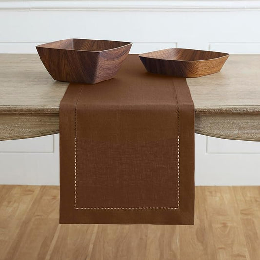 Solino Home Linen Brown Table Runner 72 Inches Long - 100% Pure Linen Hemstitch Table Runner 14 x 72 Inch for Dresser, Dining, Fall, Autumn, Thanksgiving - Classic Hemstitch