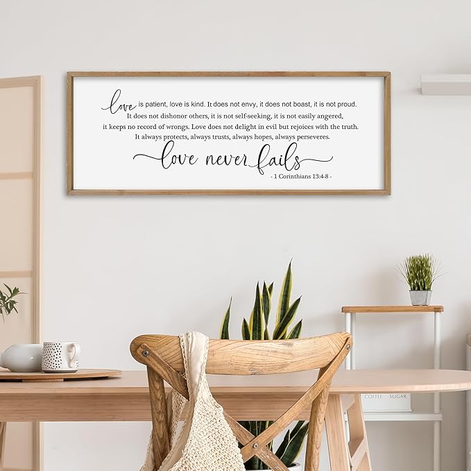 SRSZHIYUE Love is Patient Kind Sign Wall Decor Art 32"×12" 1 Corinthians 13 4-8 Master Bedroom Christian Wood Framed Large Wall Hanging (Wood)
