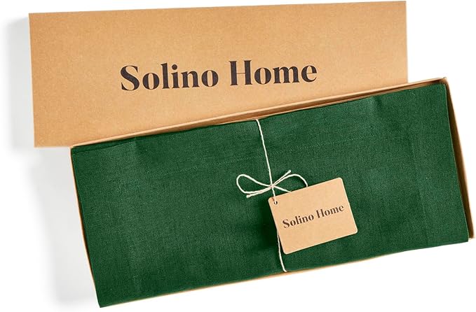 Solino Home Linen Pine Green Table Runner 120 Inches Long - 100% Pure Linen 14 x 120 Inch Table Runner for Fall, Autumn, Thanksgiving - Fete