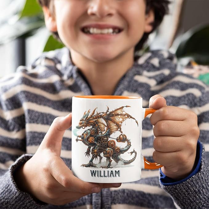 Personalized Name Dragon Lover Ceramic Mug 15oz, Custom Mechanical Dragon Design Coffee Cup, Unique Dragon Mug Gift For Fantasy Enthusiasts, Customized Kid Cup On Birthday, Holiday