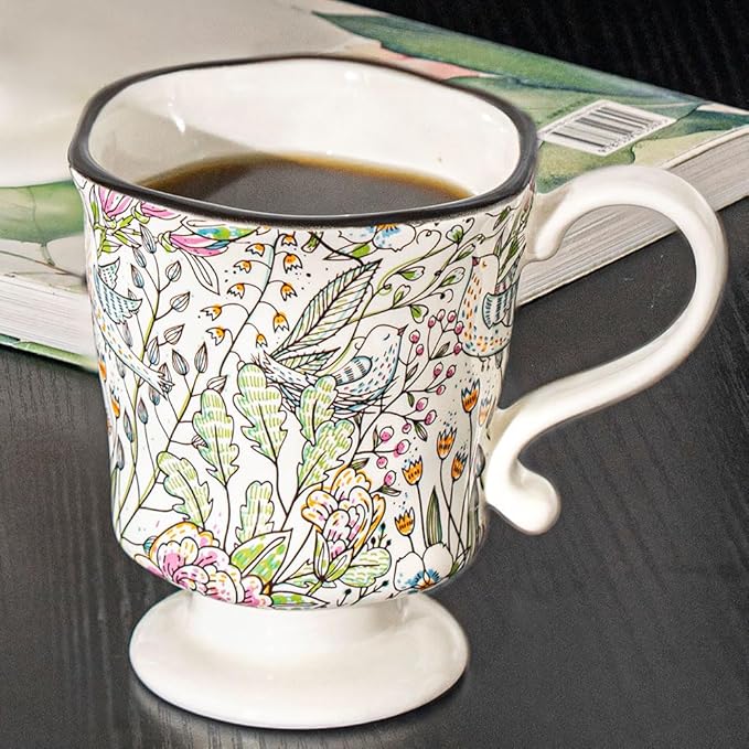 360ml -12.17oz Painted Garden floral Ceramic Mug - Cute Espresso Latte Shot Cup - Gift for Women, Dishwasher Safe