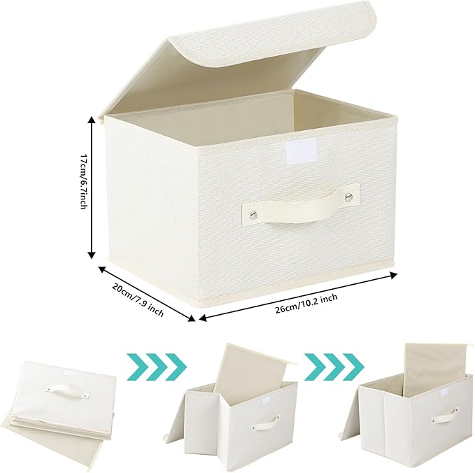 Storage Boxes, Collapsible Storage Bins with Lids, Cotton and linen cloth Storage Baskets with Handle, for Books, Closet, Bedroom, Home, 10.2x7.9x6.7 in, Beige