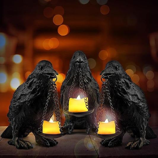 Raven Gothic Home Decor Fake Crow Light Holder Raven Lamp Tealight Candle Holder Resin Raven Statue 3PCS