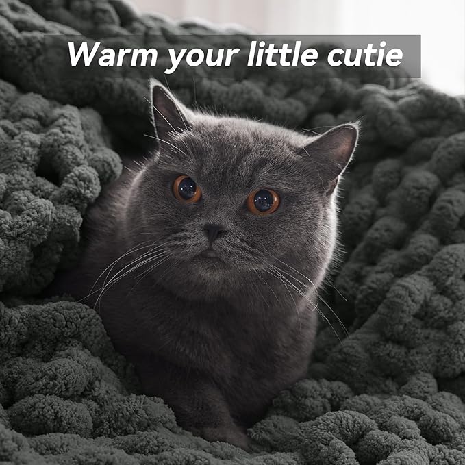 Chunky Knit Throw Blanket, 50''*60'' Knitted Throw Chenille Yarn for Bed Couch, Handmade Dark Grey Crochet Big Thick Blanket, Machine Washable Cute Comfy Blanket for Home Decor