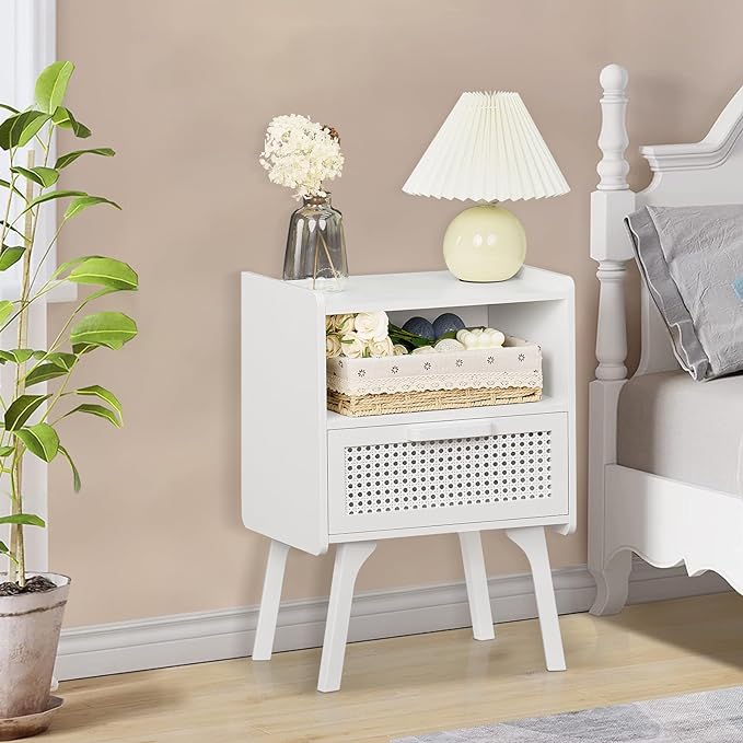 Lerliuo Rattan Nightstands Set of 2, Side Table with Drawer Open Shelf, Cane Accent Bedside End Table with Solid Wood Legs, Mid Century Modern Night Stand for Bedroom, Dorm and Small Spaces (White)