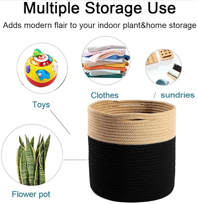 Woven Cotton Rope Plant Basket for 10" Flower Pot Floor Indoor Planters Flower Pot, Home Decor Storage Organizer H11 x W11 Black&Brown