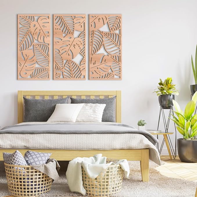 IARTTOP Leaf Wood Tropical Wall Art 15.9X32 Inch Carved Palm Leaves Wall Decor Coastal Monstera Plant Wall Sculptures for Living room Bedroom Set of 3