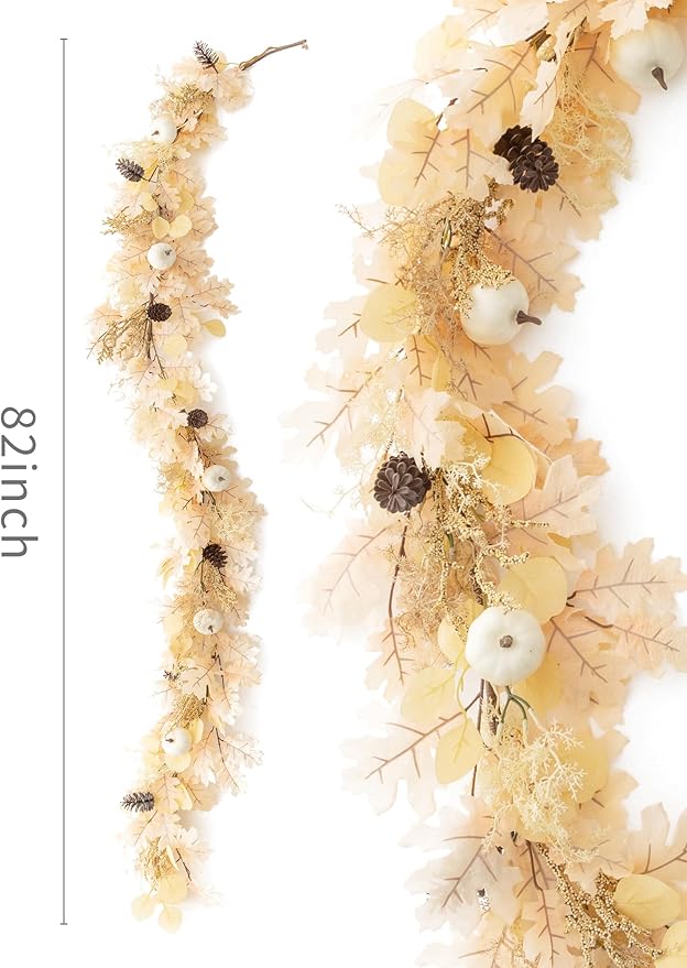 MISSPIN 6FT Boho Fall Garland, Fall Decor Autumn Maples Leaf Garland for Autumn Decor Hanging Vine for Halloween Thanksgiving Home Wedding Fireplace Party Christmas(Beige)