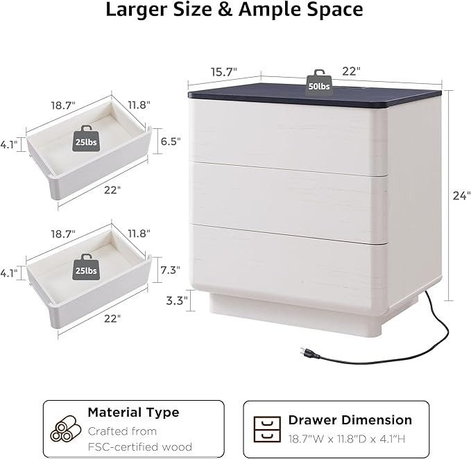 JXQTLINGMU 22" Modern Nightstand Set of 2 with Charging Station, Large Push-to-Open End Table, Wood Bedside Table, Curved Profile, Handleless 3 Drawer Night Stand for Bedroom, Living Room, Off White