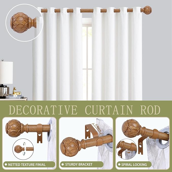 2 Pack Wood Curtain Rods for Windows 66 to 120 Inch,1 Inch Adjustable Curtain Rod Set,Heavy Duty Curtain Rods,Wooden Netted Texture Drapery Rods,Single Window Curtains Rods 66-120",Brown Wood