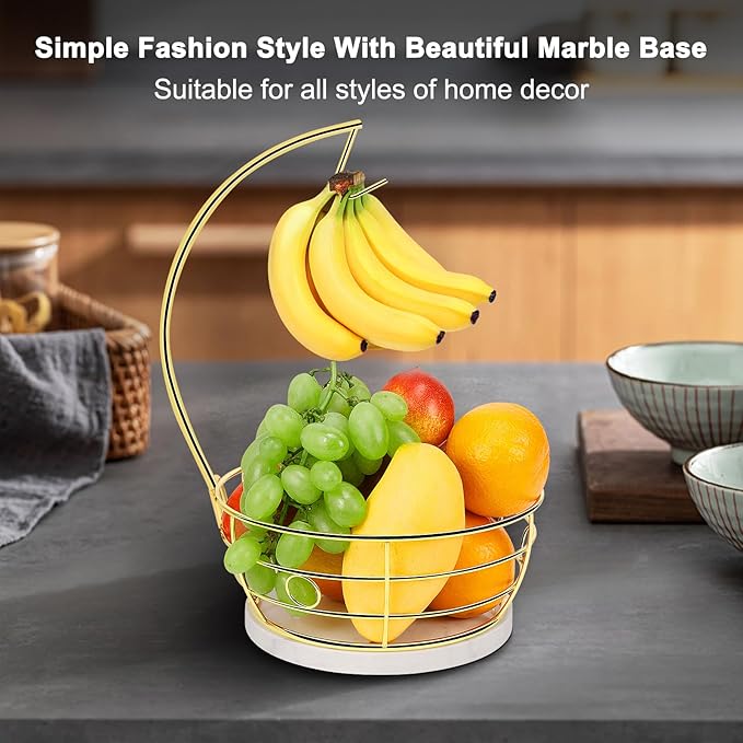 Livabber Countertop Fruit Basket Bowl with Banana Hanger, Modern Standing Fruit Vegetable Bowl Storage, with Banana Tree Holder for Kitchen Dinning Table (Round Marble, Gold)