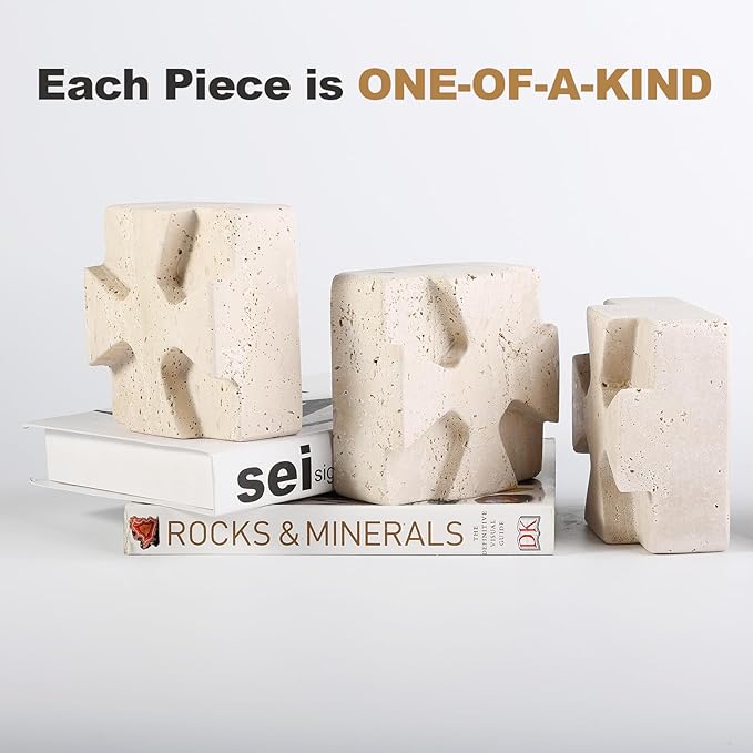 Natural Marble Bookends for Heavy Books, Heavy Duty Square Decorative Stone Book Ends for Shelves, Aesthetic Travertine Book Holder, Modern Office Bookshelf Stopper Decor, Beige, Set of 2