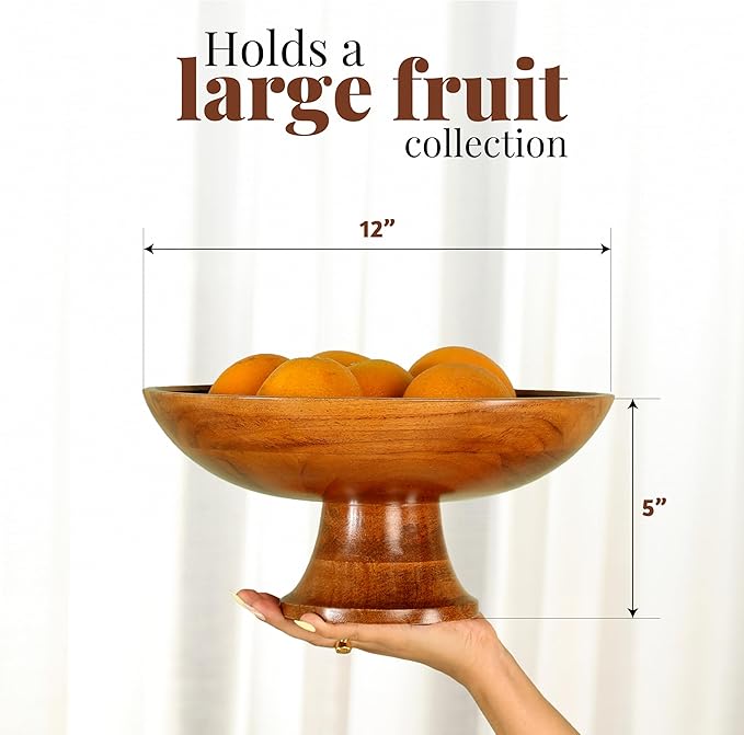 Folkulture Wooden Fruit Bowl for Kitchen Counter | 12" Large Premium Eco Friendly Banana Fruit Basket for Kitchen | Acacia Wood Bowl with Holder, Pedestal for Table Decor, Centerpiece for Dining Table