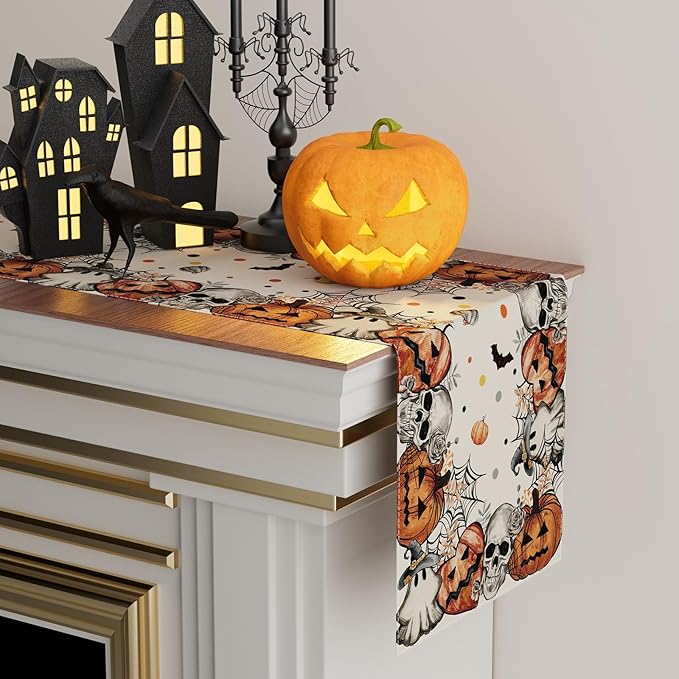 XCHI Spooky Skeleton Ghost Pumpkin Halloween Table Runner Party Table Decoration for Home Kitchen Dining Holiday Decor 13x90 Inch