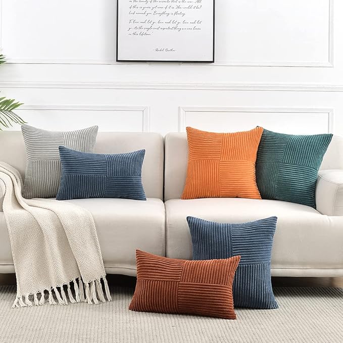 Fancy Homi 2 Packs Grey Lumbar Decorative Throw Pillow Covers 12x20 Inch for Living Room Couch Bed Sofa, Rustic Farmhouse Boho Home Decor, Soft Striped Corduroy Rectangle Accent Cushion Case 30x50 cm