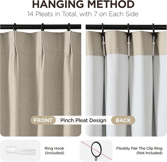 Joydeco Pleated Curtains for Living Room Bedroom, Linen Drapes 90 inch Length 2 Panels Set, Blackout Thermal Insulated Curtain(Cobblestone,40'' Wx90'' L)