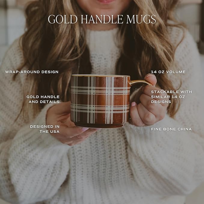 Sweet Water Decor Gold Leaves Mug with Gold Handle, 14oz Fine Bone China Coffee Cup for Tea, Latte, or Hot Cider, Autumn Leaf Drinkware, Fall Decorations for Kitchen, Gift for Mom, Sister & Wife