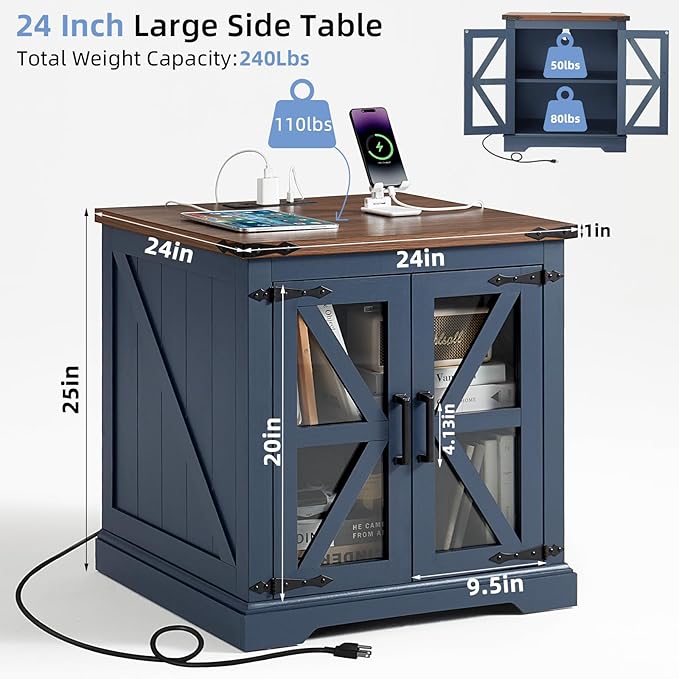 Farmhouse End Table Set of 2 with Charging Station, 24" Large Sofa Side Table with Glass Barn Door, Night Stand with Adjustable Shelf, Wood Nightstand, Square Bed Side Table for Living Room,Bedroom
