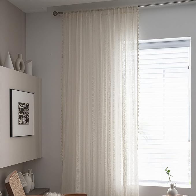 Sutuo Home Boho Curtain Crochet Lace Semi-Sheer Florals Hollow Knitted Handmade Tassels, Rod Pocket Window Treatment Vintage Rustic Farmhouse Drapes for Living Bedroom, 1 Panel 59" W x 72" L, Beige