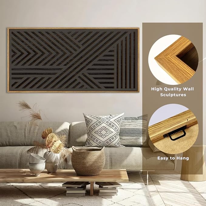 IARTTOP Large Black Framed Wood Wall Art for Living Room Abstract Modern Wooden Wall Decor Neutral Geometric Wall Sculpture Bedroom Office 20x40 Inch