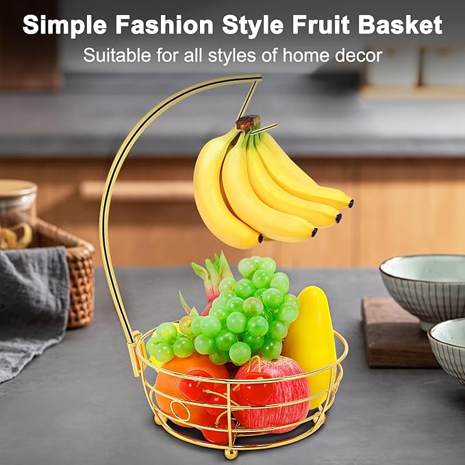 Livabber Countertop Fruit Basket Bowl with Banana Hanger, Modern Standing Fruit Vegetable Bowl Storage, with Banana Tree Holder for Kitchen Dinning Table (Round Metal, Gold)