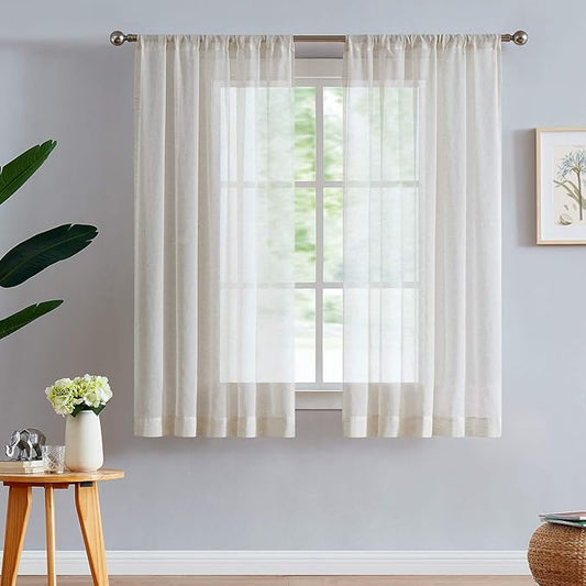 FMFUNCTEX Linen Sheer Curtains for Bedroom, Beige Curtains 45 inches Long for Living Room, Natural Flax Blend Window Draperies for Farmhouse Curtain, Rod Pocket 2 Panels