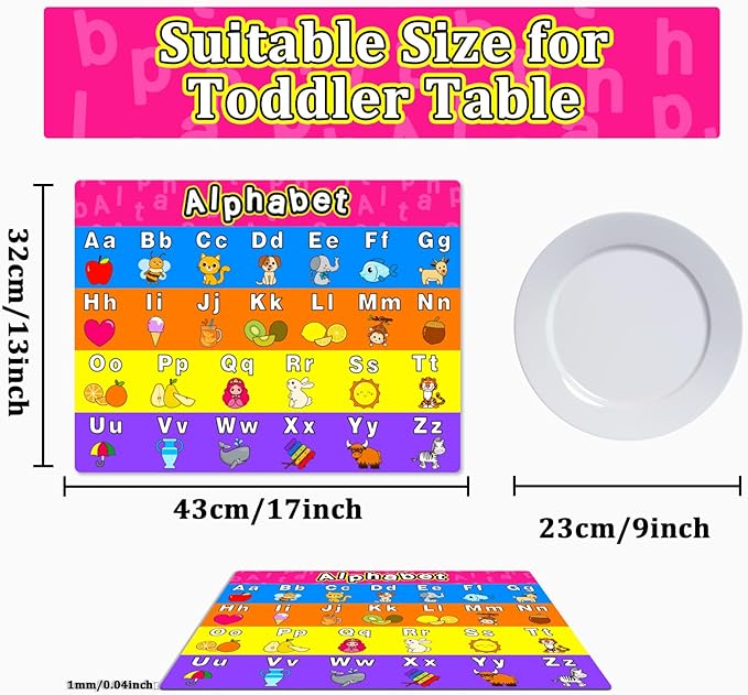 Educational Preschool Placemats for Kids Set of 6 Reusable Plastic Toddler Placemat Non Slip Washable Children Montessori Eat Table Mat for Nursery Homeschool Kindergarten Classroom Dining Table