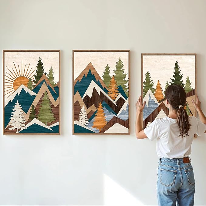 Tinonedraw Large Metal Mountain Framed Canvas Wall Art of 3, Boho Rustic Sunrise Forest Wall Decor, Modern Nature Country Artwork, Vintage Wilderness Art Print for Living Room Bedroom Office 16"x24"