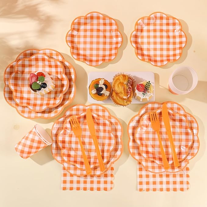 175 Pcs Orange and White Gingham Party Supplies - Orange Gingham Paper Plates and Napkins Sets Serve 25 - Scalloped Checkered Plates for Birthday Picnic Fall Halloween Thanksgivng Party Decorations