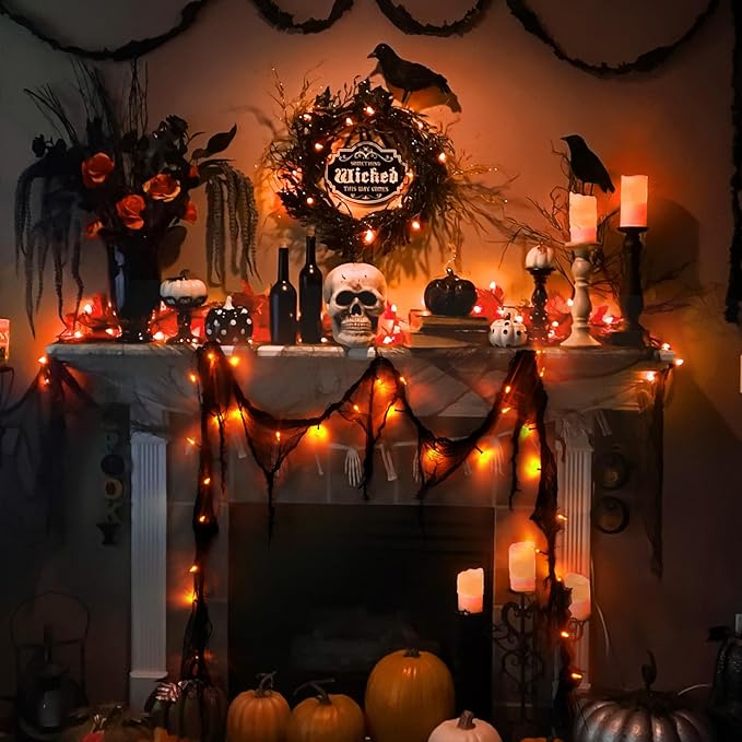 Halloween Horror Atmosphere Lights, Orange&Purple LED String Lights with 9.9FT Creepy Black Gauze, Battery Powered with Timer & 8 Flashing Modes (2 Pack Orange)