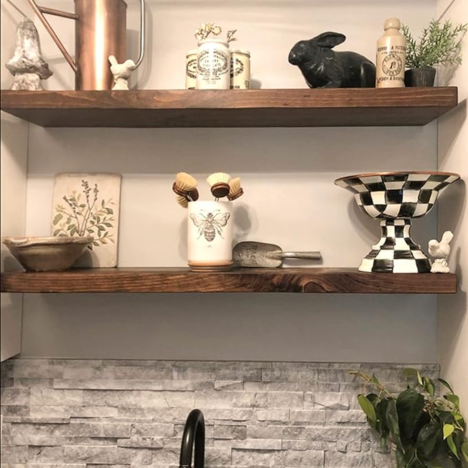 URBANDI, Rustic Floating Shelves, Set of 2, Hidden Bracket, Solid Wood, Heavy Duty, Wall Mounted Shelves, (Provincial, 24Wx12D)