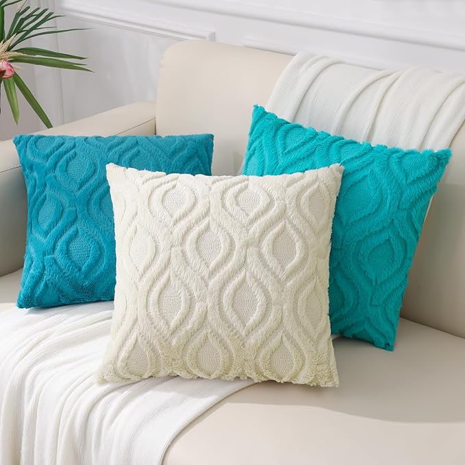 decorUhome Fall Throw Pillow Covers 20x20 Inch Set of 2, Soft Plush Decorative Faux Fur Turquoise Solid Couch Pillow Covers, Accent Farmhouse Neutral Square Euro Pillow Cases for Sofa Bed Living Room