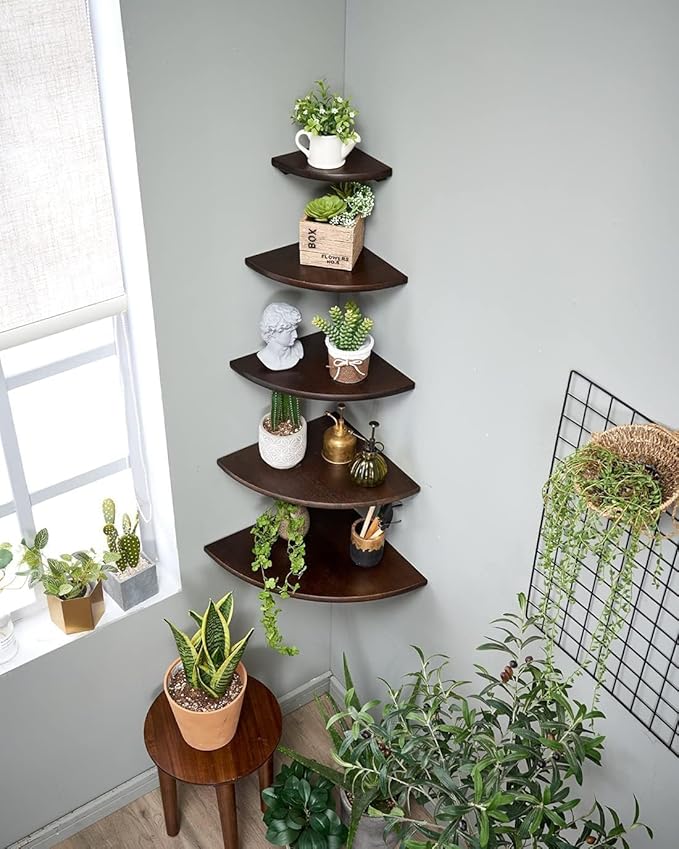 Corner Shelf, Solid Oak Wood Floating Corner Shelf Wall Mount Round End Floating Speaker with Wire Hole for Small Plant Photo for Bedroom Kitchen, Living Room Walnut