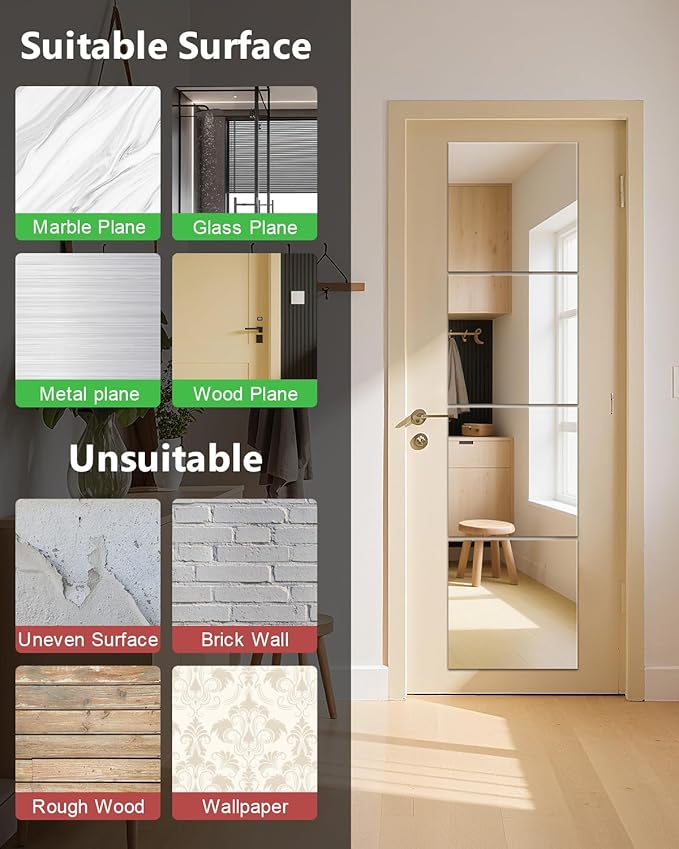 Full Length Wall Mirror Tiles, 12'' x 12'' x 4PCS, Acrylic Unbreakable Full Body Mirror for Bedroom Squares Shatterproof Mirror Sheets Wall Mounted for Home Gym Door Plexiglass Mirrors Safe for Kids