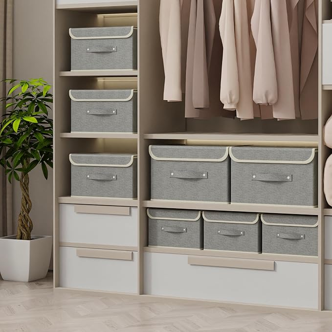 Storage Boxes, Collapsible Storage Bins with Lids, Cotton and linen cloth Storage Baskets with Handle, for Books, Closet, Bedroom, Home, 13x9.1x7.9 in, Grey