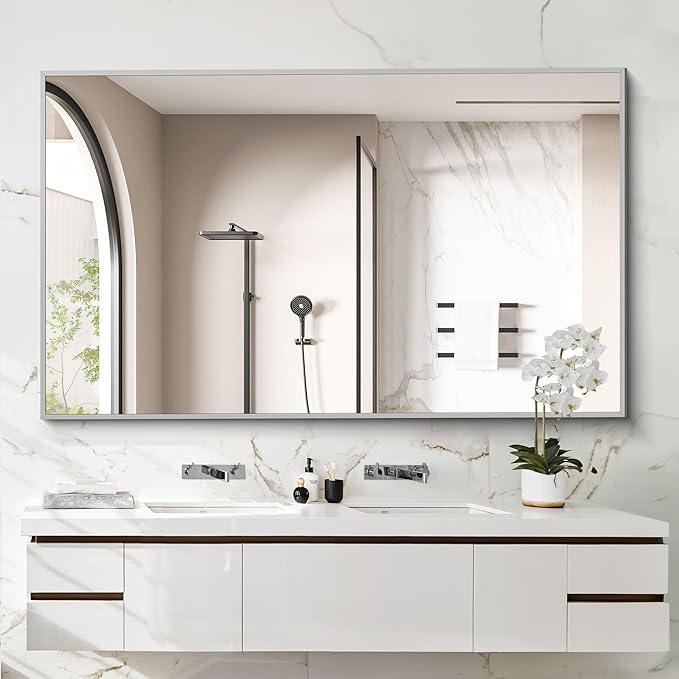 36x60inch Brushed Nickel Bathroom Mirror, Silver Rectangle Mirror with Frame, Large Rectangular Wall Mirrors for Bathroom, Living Roomm, Hair Salon, Big Mirror Hang Horizontal/Vertical