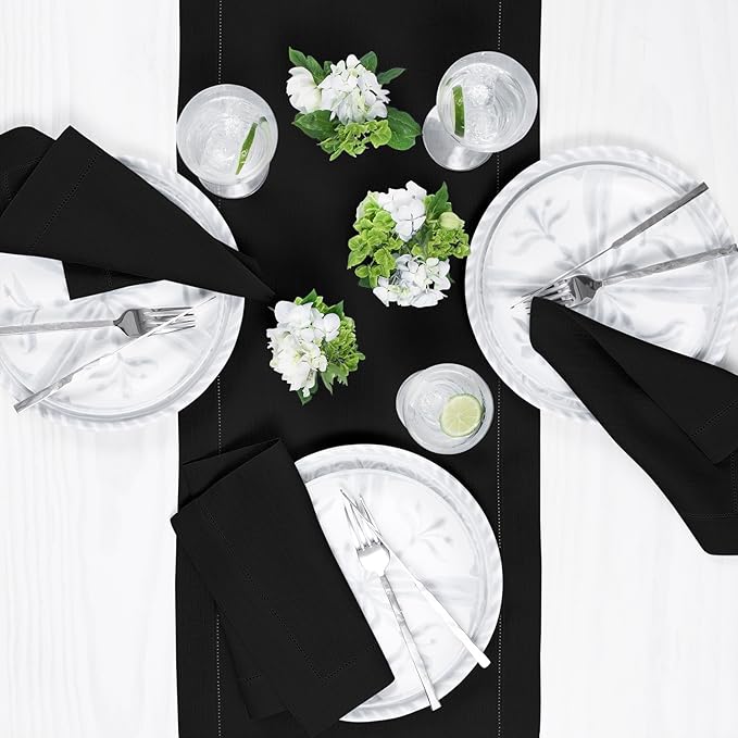 Solino Home Linen Black Table Runner 120 Inches Long - 100% Pure Linen 14 x 120 Inch Table Runner for Fall, Autumn, Halloween, Thanksgiving - Classic Hemstitch
