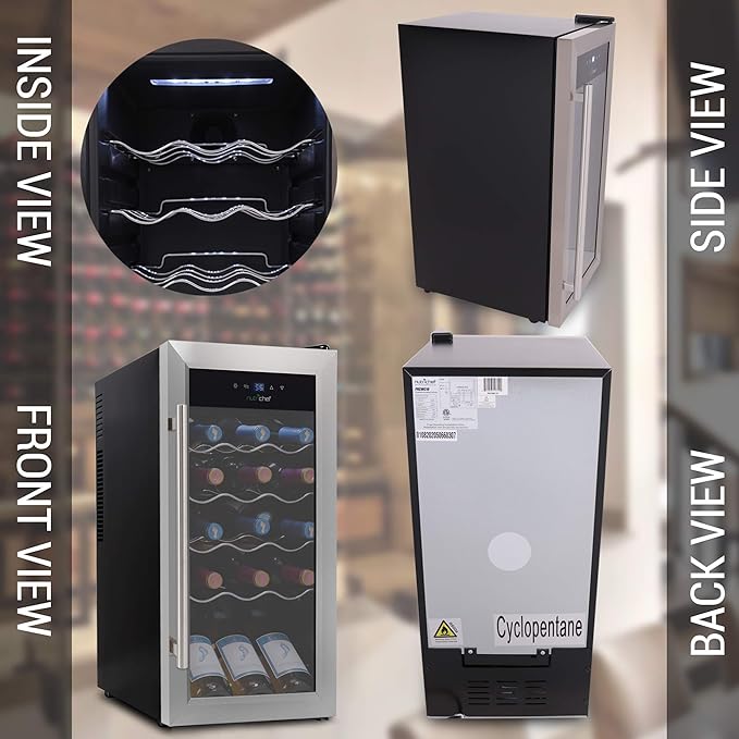 NutriChef PKCWC18 Slim Wine Fridge 18 Bottle Mini Beverage Chiller Adjustable Temp Control, 30x13x17 IN, Black
