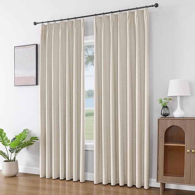 Joydeco Pinch Pleated Linen Curtains for Living Room, 100% Blackout Darkening Curtains 72 inches Length 2 Panel Thermal Insulated Pinch Pleat Drapes(Ecru,40'' Wx72'' L)