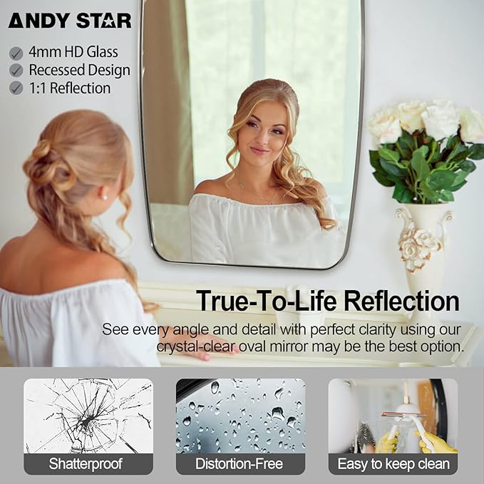 ANDY STAR Brushed Nickel Oblong Mirror, 32x40 Inch Brushed Nickel Oval Mirror for Bathroom with Stainless Steel Metal Frame, Wall Mouned for Bathroom, Living Room, Entryway