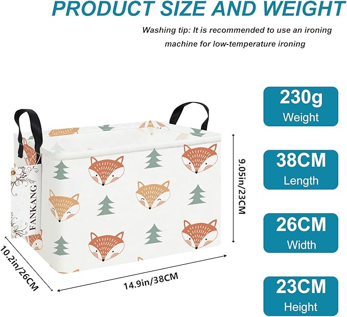 FANKANG Storage Bins, Nursery Hamper Canvas Laundry Basket Foldable with Waterproof PE Coating Large Storage Baskets for Kids Boys and Girls, Office, Bedroom, Clothes,Toys(Rec-Fox ）