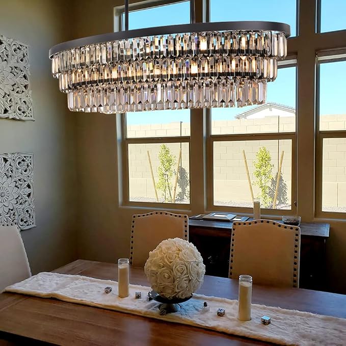TOCHIC Chandelier 40 inch, Farmhouse Black Crystal Chandelier, Kitchen Island Lighting, Dining Room Light Fixture for High Ceiling, Modern Linear Oval Chandeliers for Living Room, Office Area, Bar