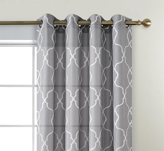 MIUCO Moroccan Embroidery Semi Sheer Curtains Faux Linen Grommet Curtains for Bedroom 52 x 63 Inch 2 Panels, Grey
