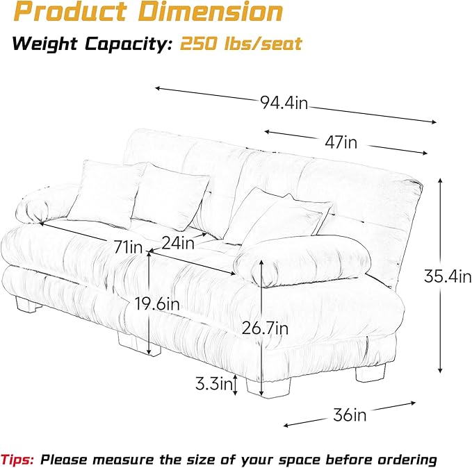 Loveseat Modular Sectional Sofa, Cloud Couch 2 Seater Sectional Couch Home Sofa Living Room Oversized Couch, Modern Deep Seat Couch with Chaise with Round Bolster Armrests 4 Pillows(Gray)