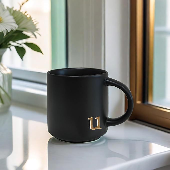COLLECTIVE HOME - Black Monogram Ceramic Mugs, 15 oz Golden Initial Coffee Cups, Elegant Alphabet Tea Mugs, Personalized Halloween Mug with Gift Box, Perfect for Office and Home Décor (u)